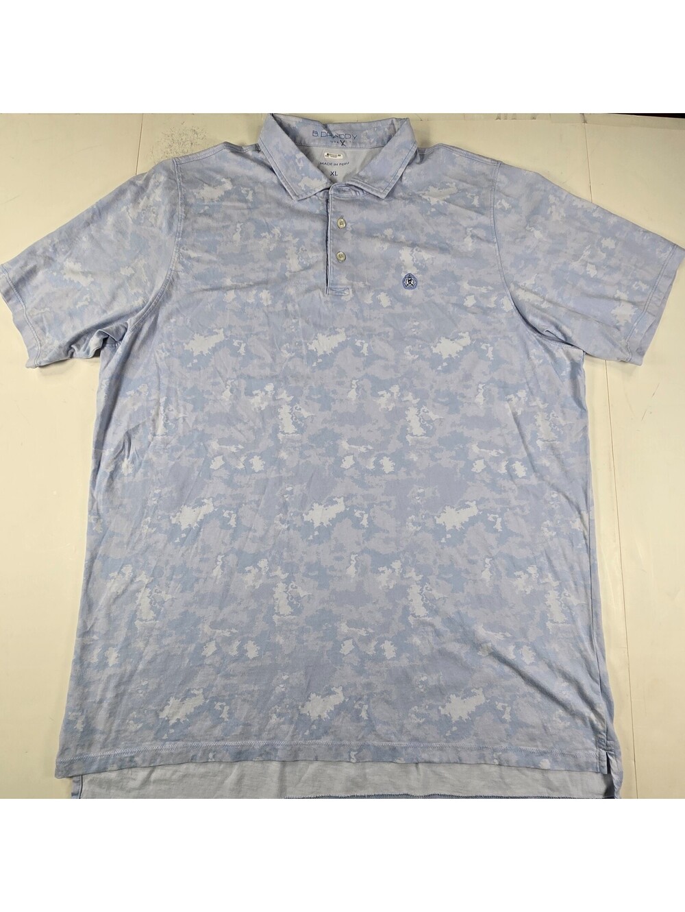 B DRADDY Golf Polo Mens XL Short Sleeve Pima Cotton Blue Camo Print - Logo